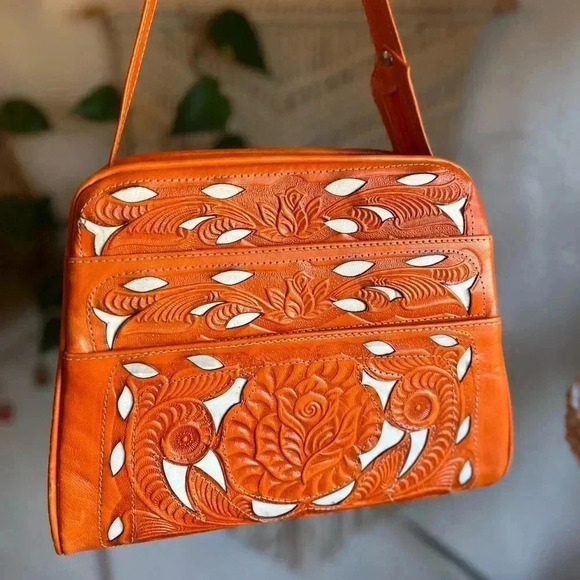 Handcrafted Tooled Leather Bag - 10x9 Orange Crossbody Purse Made in Mexico - Picture 12 of 12